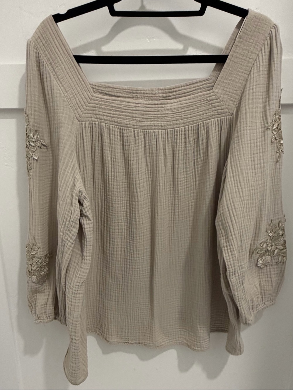 JM Collection Cream Square-Neck Embroidered Peasant Blouse